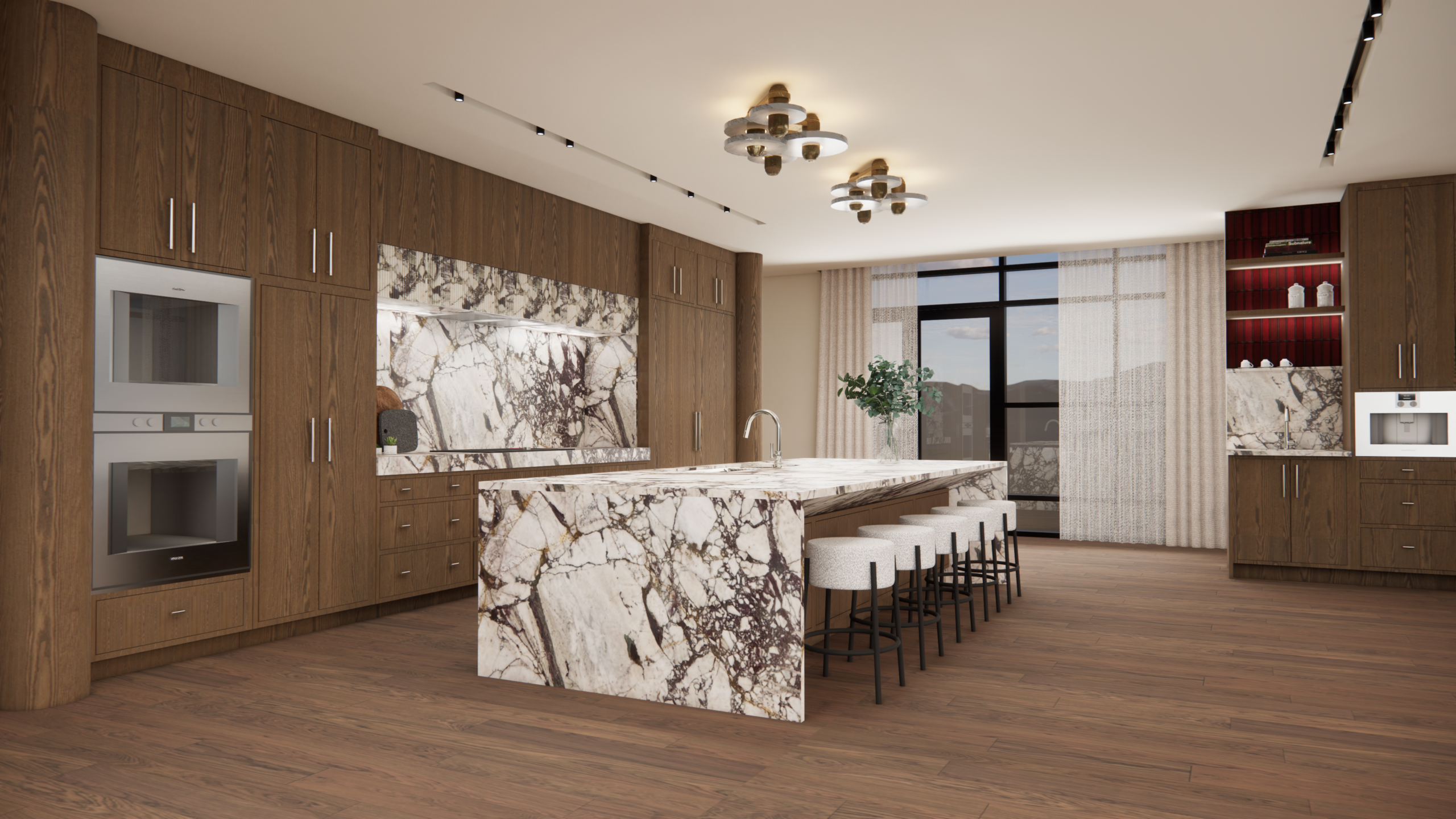 modern penthouse interior design with moody burgundy tones